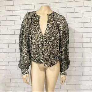IRO Paris Leopard Print Wrap Blouse Green Black V-Neck Puff Sleeve Size 44